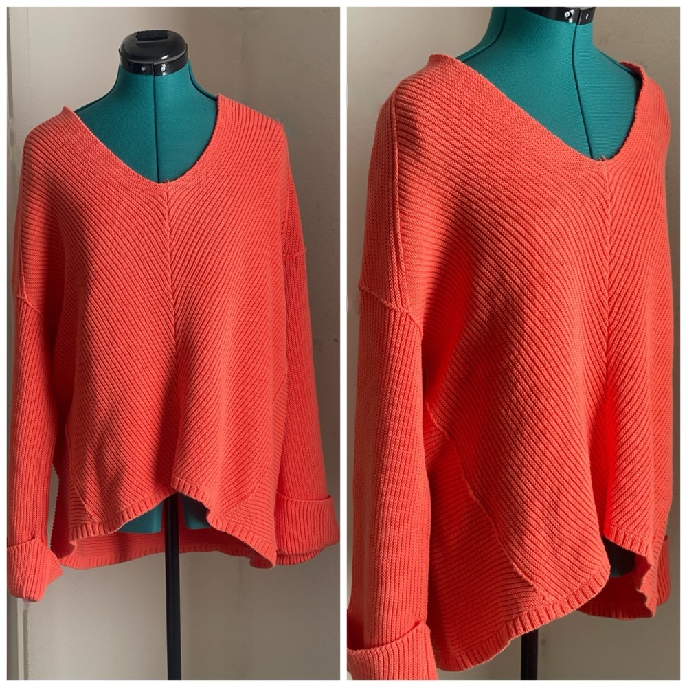 Free People V-Neck Sweater in Vibrant Orange Size S